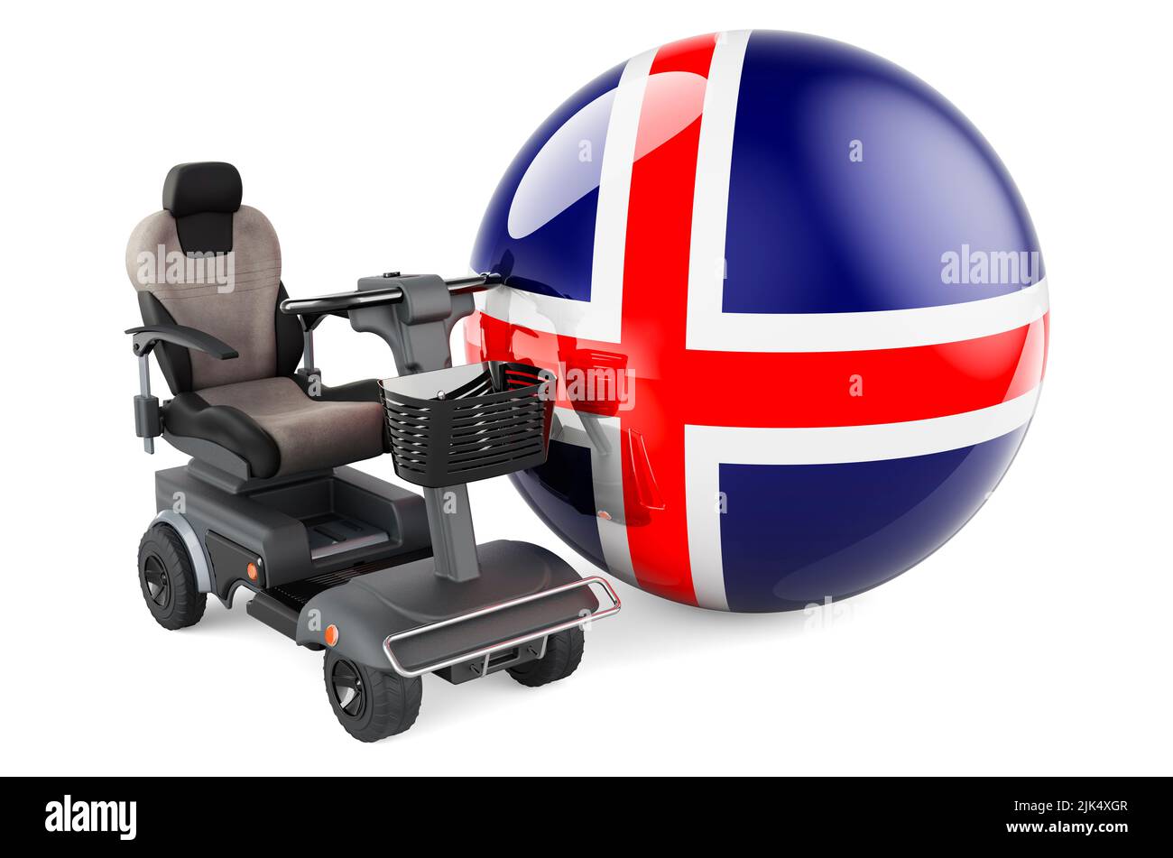 Drapeau islandais avec fauteuil électrique intérieur ou fauteuil roulant électrique, 3D rendu isolé sur fond blanc Banque D'Images