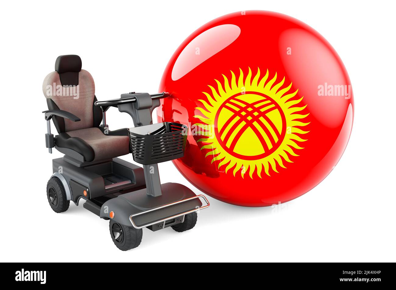 Drapeau kirghize avec chaise électrique intérieure ou fauteuil roulant électrique, 3D rendu isolé sur fond blanc Banque D'Images