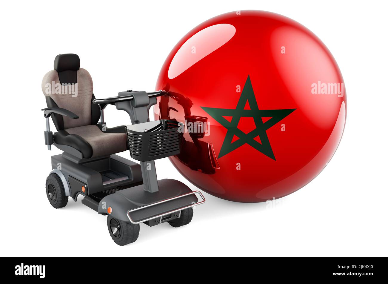 Drapeau marocain avec chaise électrique intérieure ou fauteuil roulant électrique, 3D rendu isolé sur fond blanc Banque D'Images