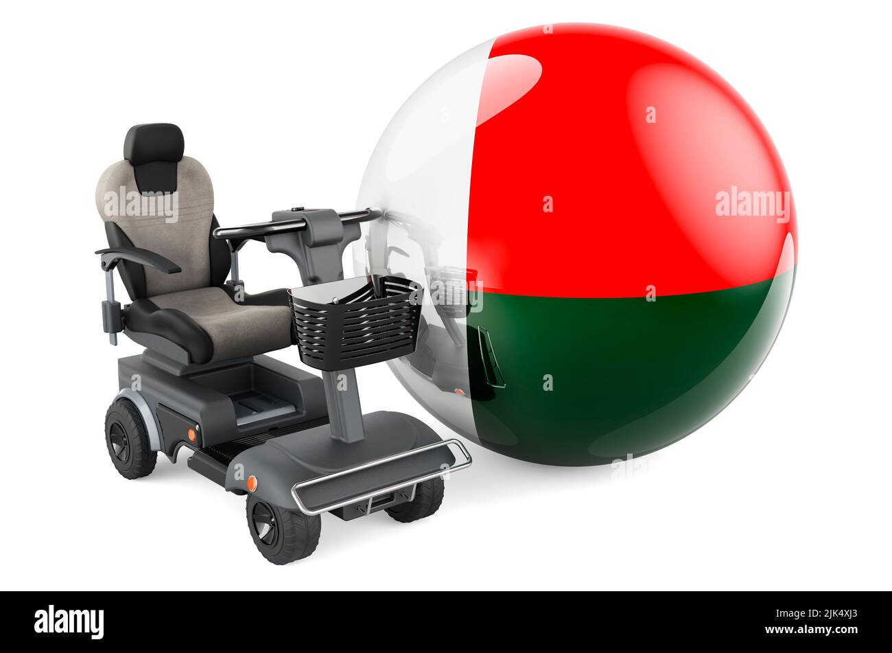 Drapeau de Madagascar avec chaise électrique intérieure ou fauteuil roulant électrique, 3D rendu isolé sur fond blanc Banque D'Images