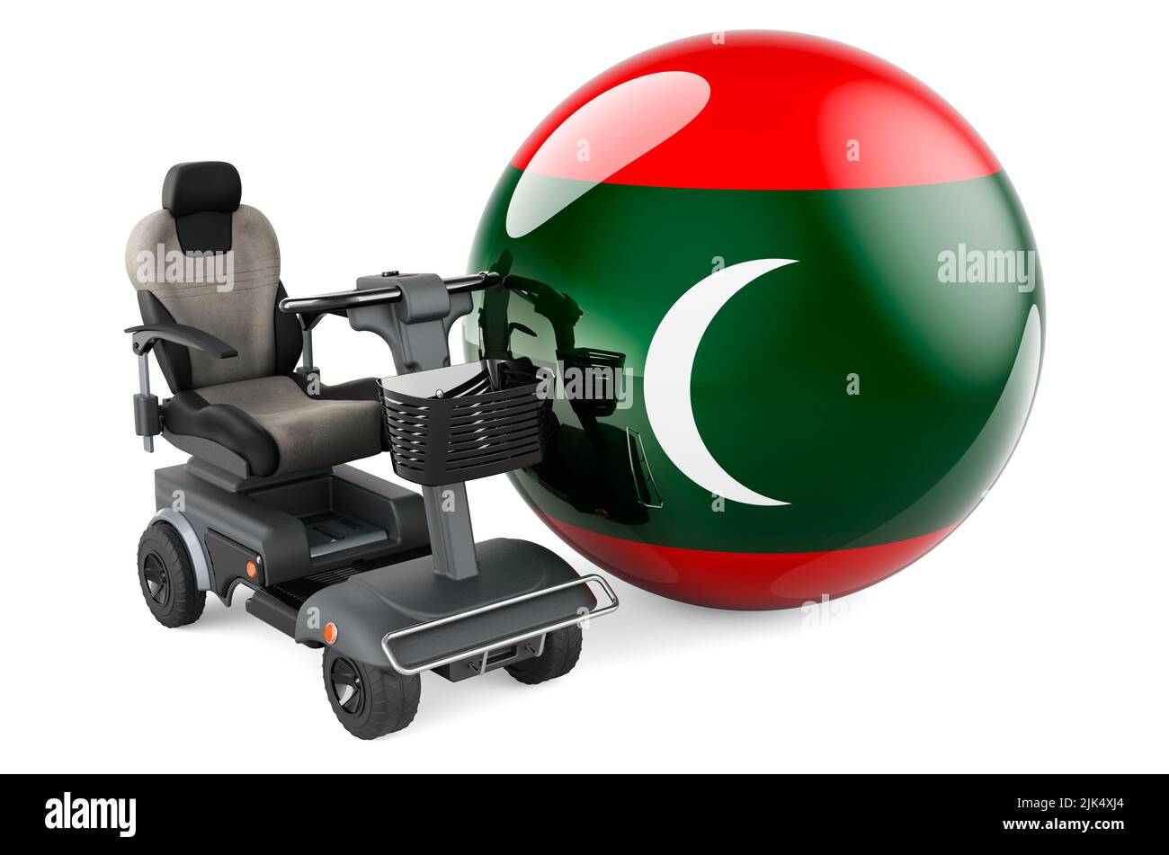 Drapeau maldivien avec chaise électrique intérieure ou fauteuil roulant électrique, 3D rendu isolé sur fond blanc Banque D'Images