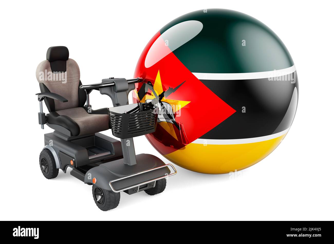 Drapeau mozambicain avec chaise électrique intérieure ou fauteuil roulant électrique, 3D rendu isolé sur fond blanc Banque D'Images