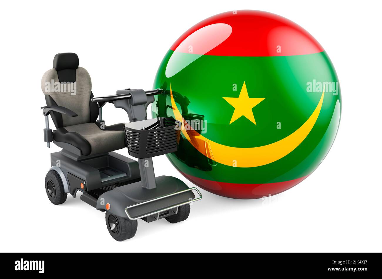 Drapeau mauritanien avec chaise électrique intérieure ou fauteuil roulant électrique, 3D rendu isolé sur fond blanc Banque D'Images