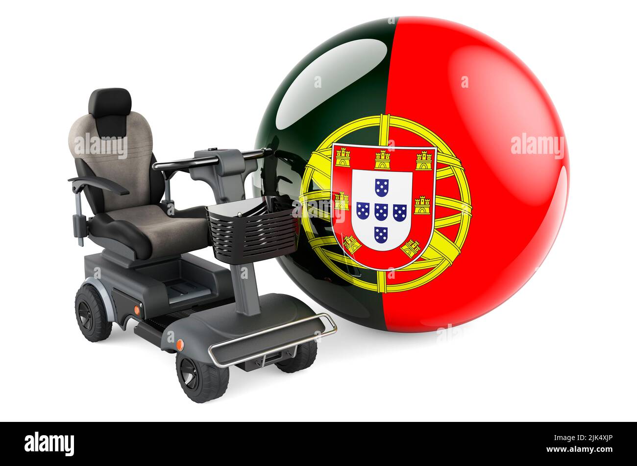 Drapeau portugais avec fauteuil électrique intérieur ou fauteuil roulant électrique, 3D rendu isolé sur fond blanc Banque D'Images