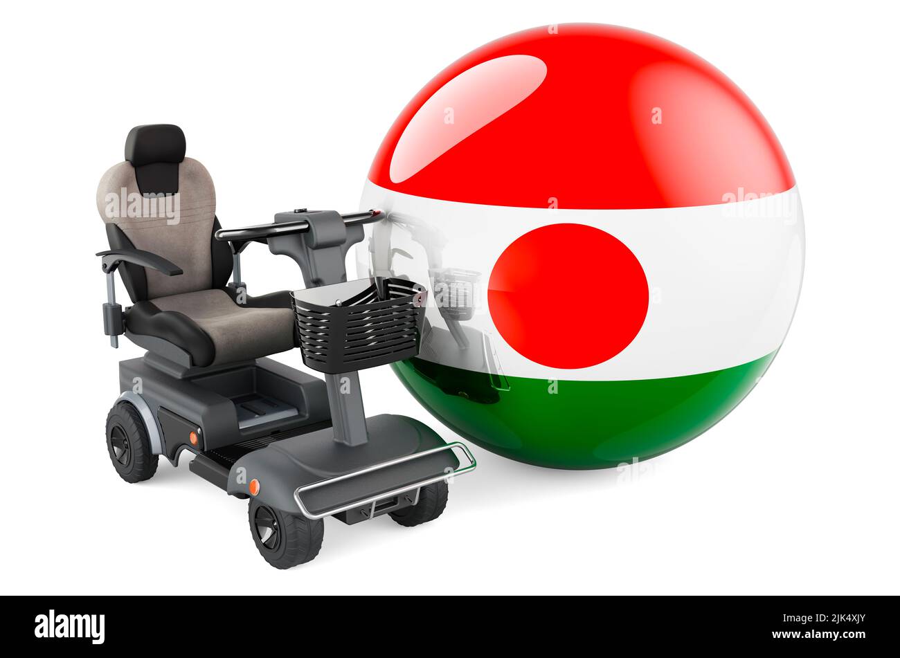 Drapeau du Niger avec chaise électrique intérieure ou fauteuil roulant électrique, 3D rendu isolé sur fond blanc Banque D'Images