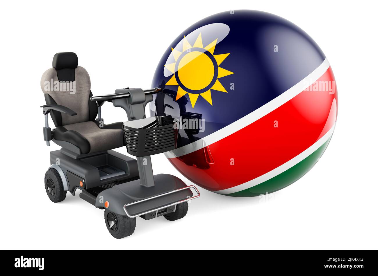 Drapeau namibien avec chaise électrique intérieure ou fauteuil roulant électrique, 3D rendu isolé sur fond blanc Banque D'Images