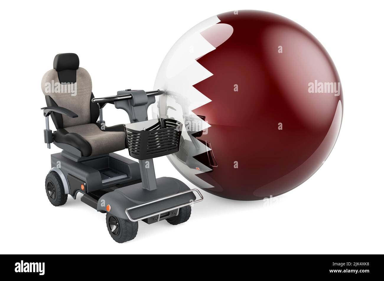 Drapeau qatari avec chaise électrique intérieure ou fauteuil roulant électrique, 3D rendu isolé sur fond blanc Banque D'Images