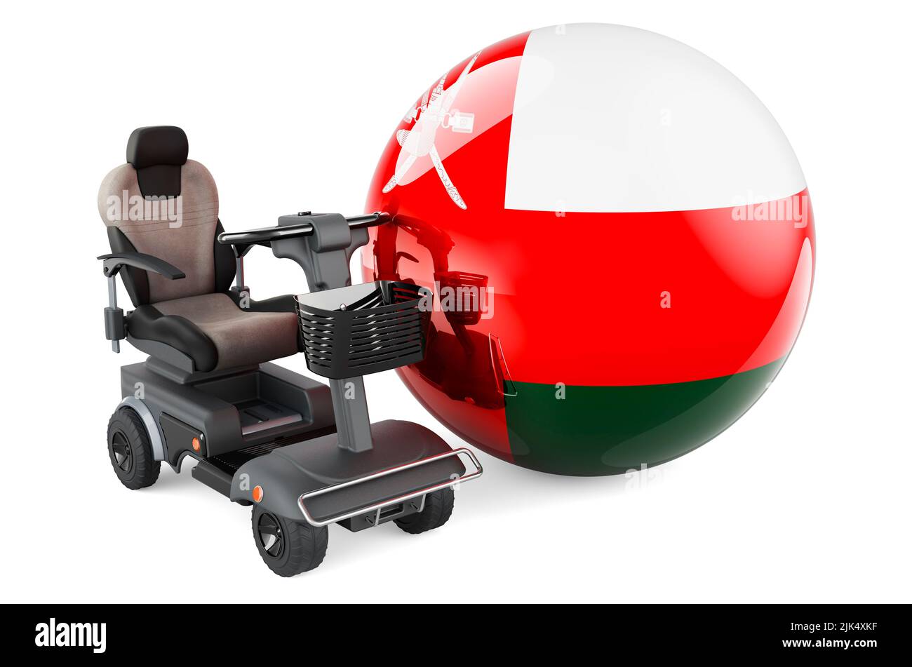 Drapeau omanais avec chaise électrique intérieure ou fauteuil roulant électrique, 3D rendu isolé sur fond blanc Banque D'Images