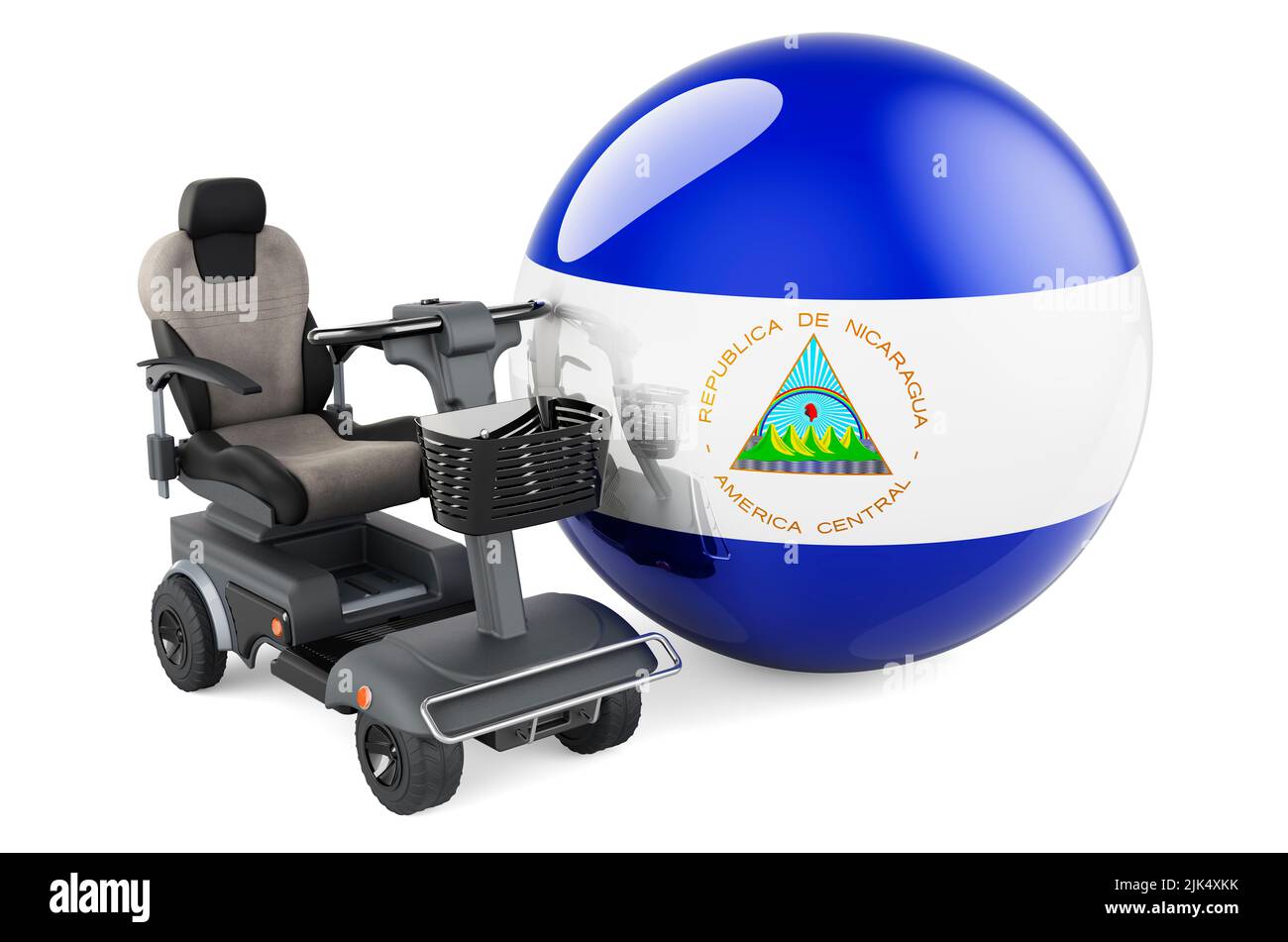 Drapeau nicaraguayen avec chaise électrique intérieure ou fauteuil roulant électrique, 3D rendu isolé sur fond blanc Banque D'Images