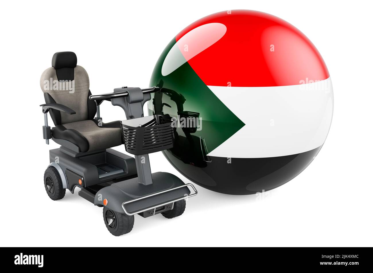Drapeau soudanais avec chaise électrique intérieure ou fauteuil roulant électrique, 3D rendu isolé sur fond blanc Banque D'Images