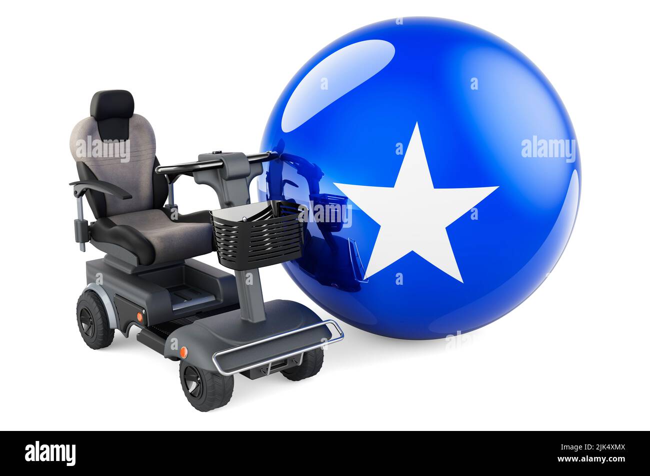 Drapeau somalien avec chaise électrique intérieure ou fauteuil roulant électrique, 3D rendu isolé sur fond blanc Banque D'Images