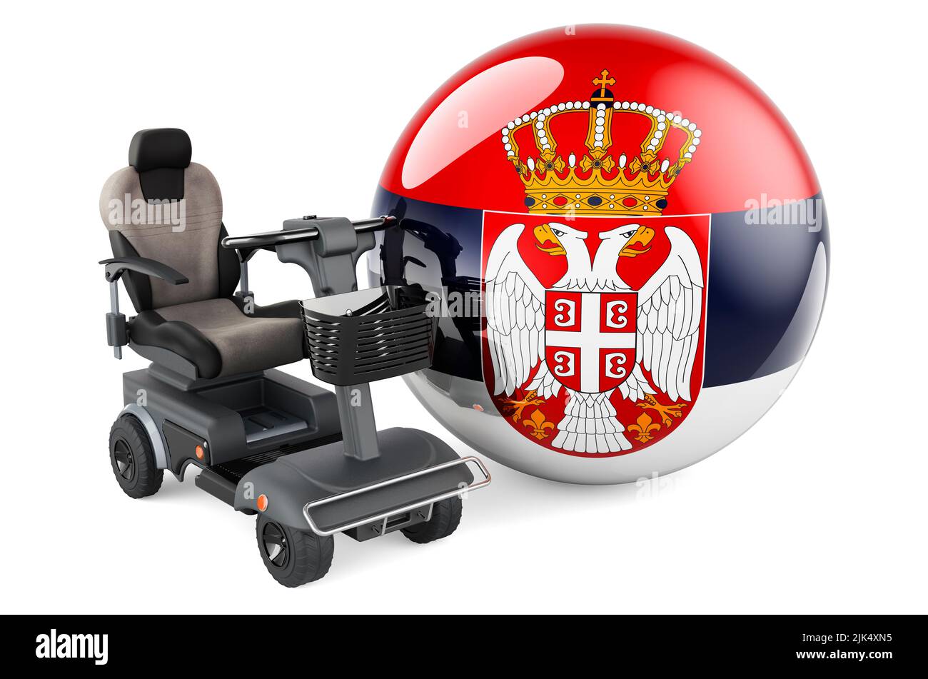 Drapeau serbe avec chaise électrique intérieure ou fauteuil roulant électrique, 3D rendu isolé sur fond blanc Banque D'Images