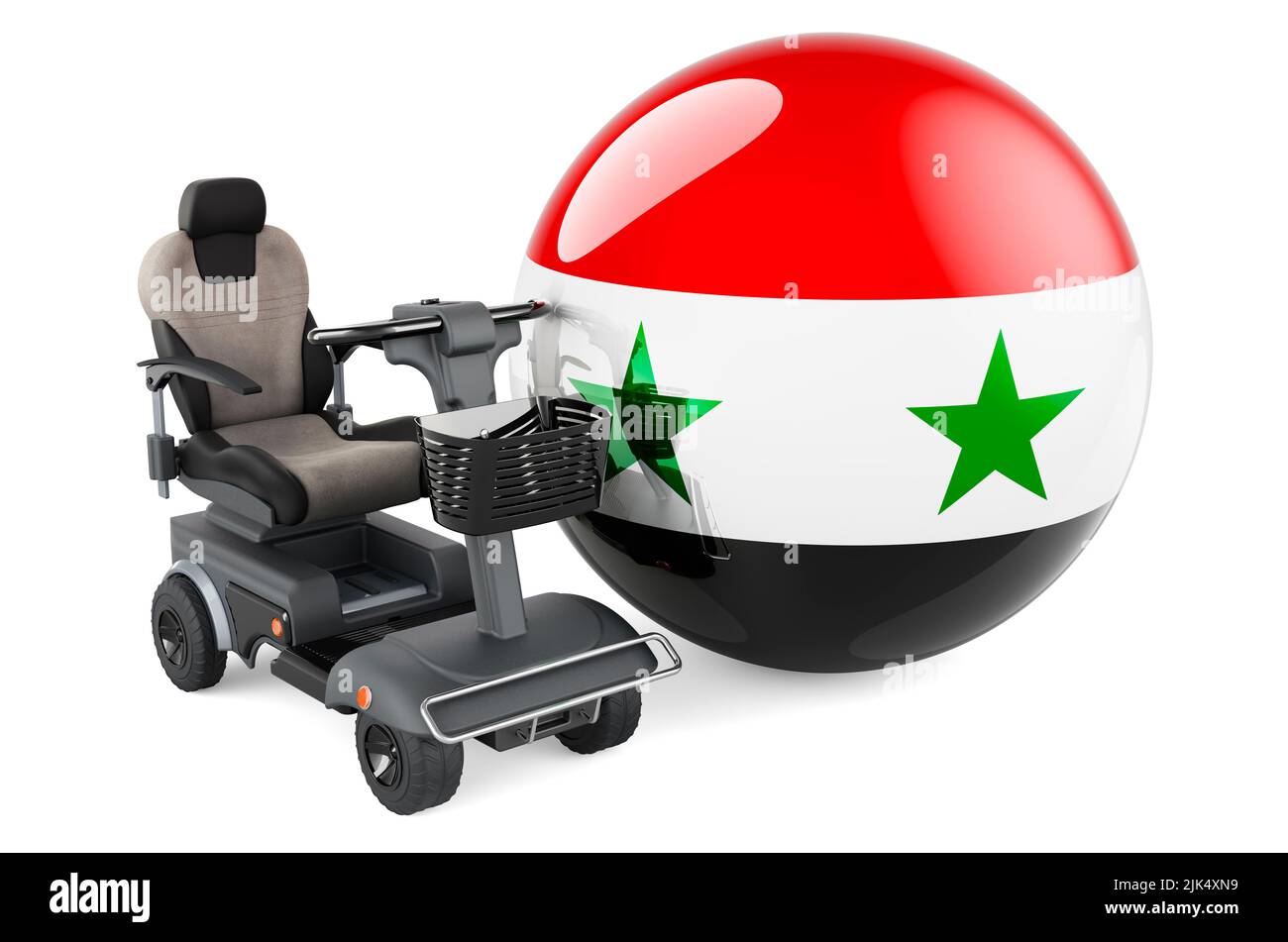 Drapeau syrien avec chaise électrique intérieure ou fauteuil roulant électrique, 3D rendu isolé sur fond blanc Banque D'Images