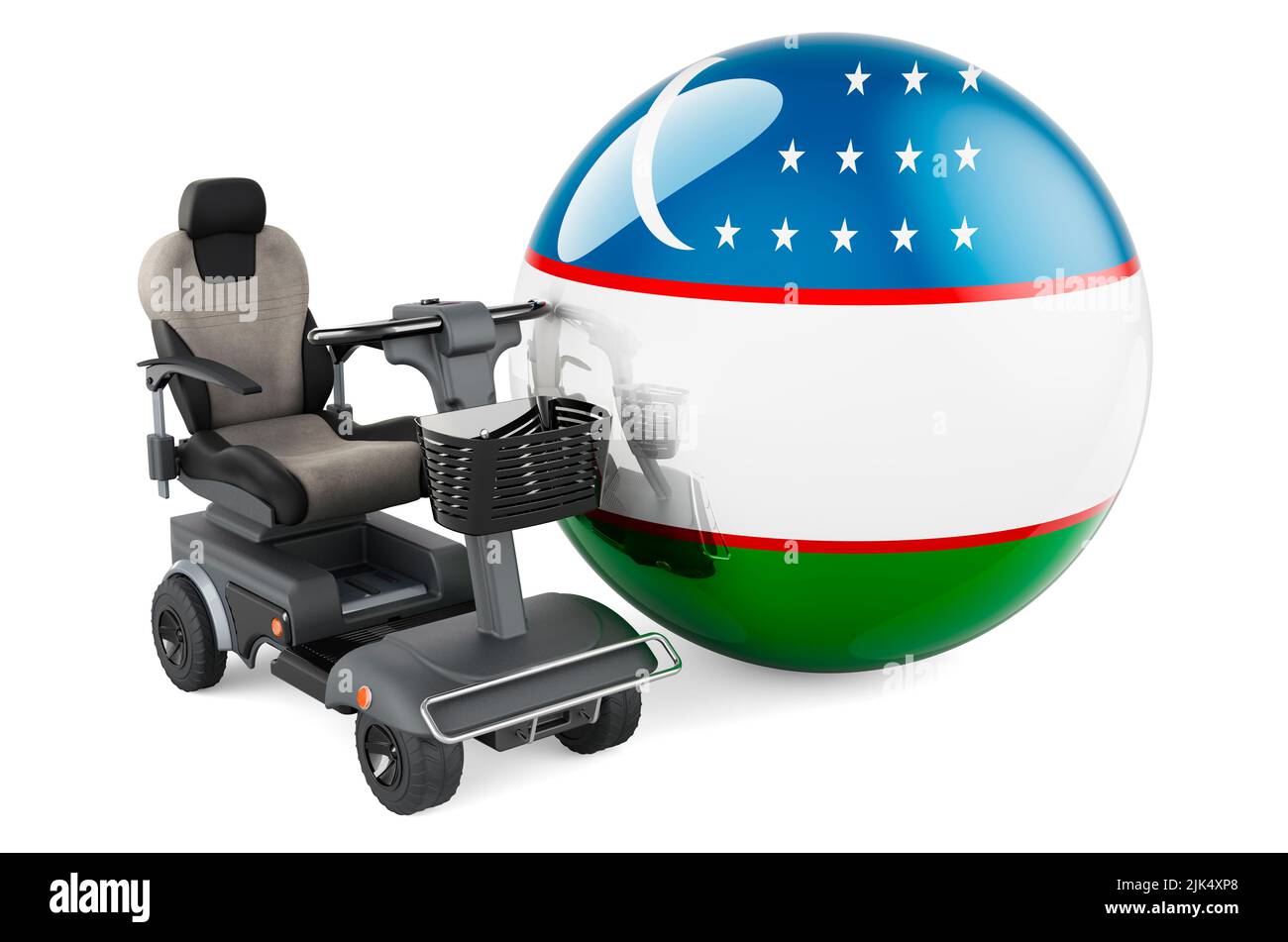Drapeau ouzbek avec chaise électrique intérieure ou fauteuil roulant électrique, 3D rendant isolé sur fond blanc Banque D'Images
