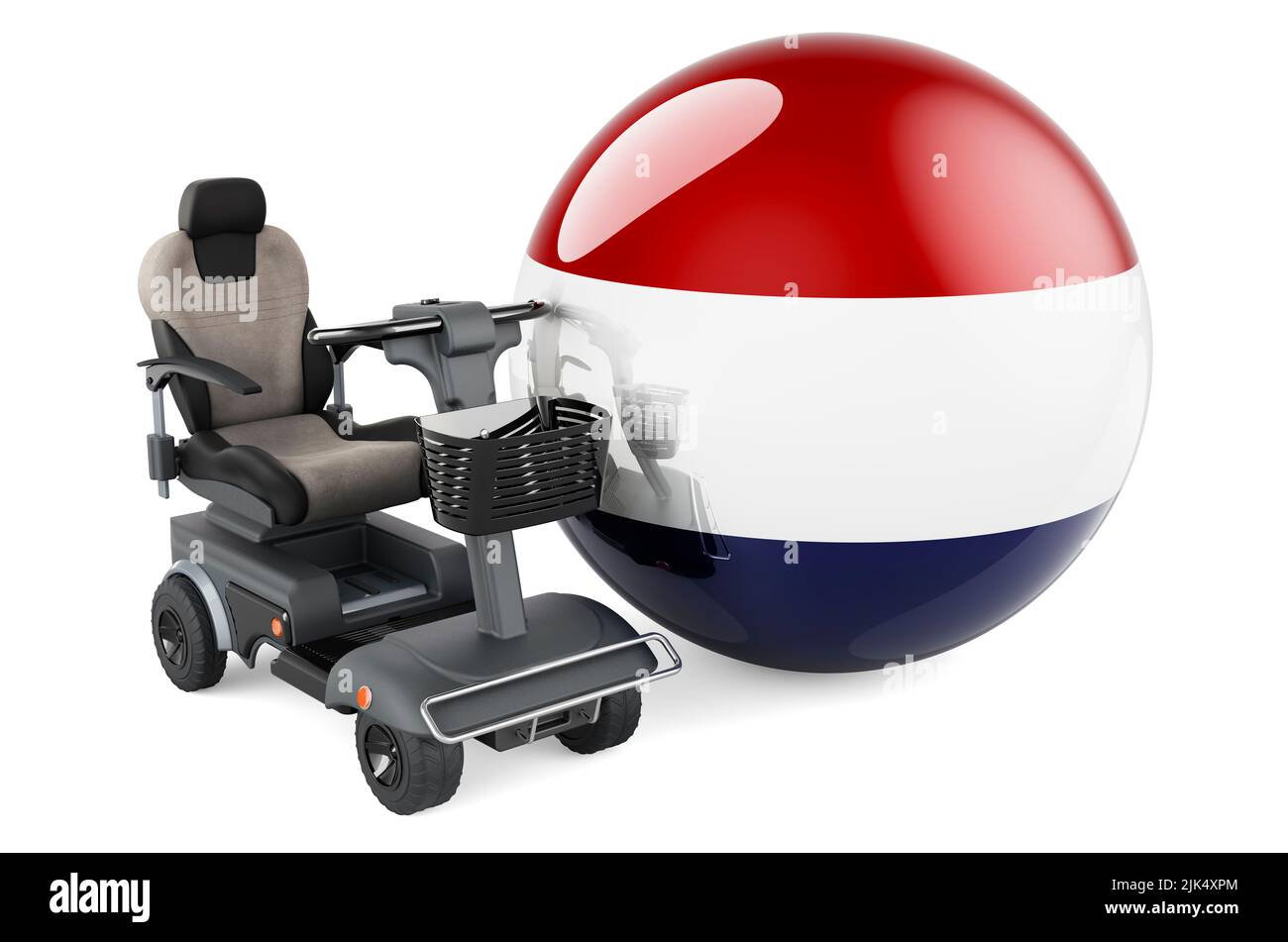 Le drapeau des pays-Bas avec chaise électrique intérieure ou fauteuil roulant électrique, 3D rendu isolé sur fond blanc Banque D'Images