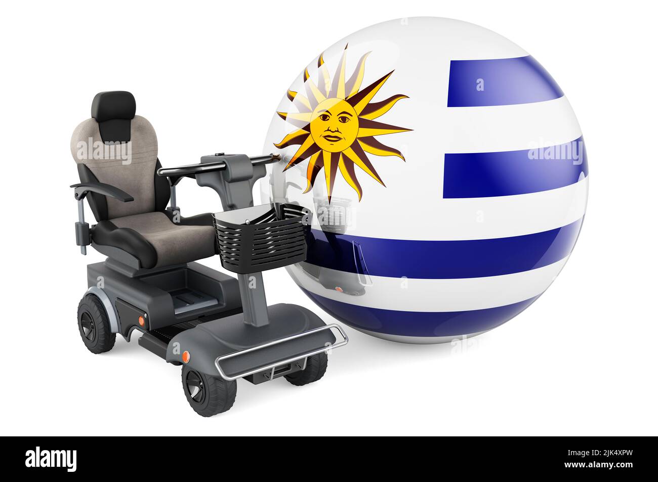 Drapeau uruguayen avec chaise électrique intérieure ou fauteuil roulant électrique, 3D rendu isolé sur fond blanc Banque D'Images