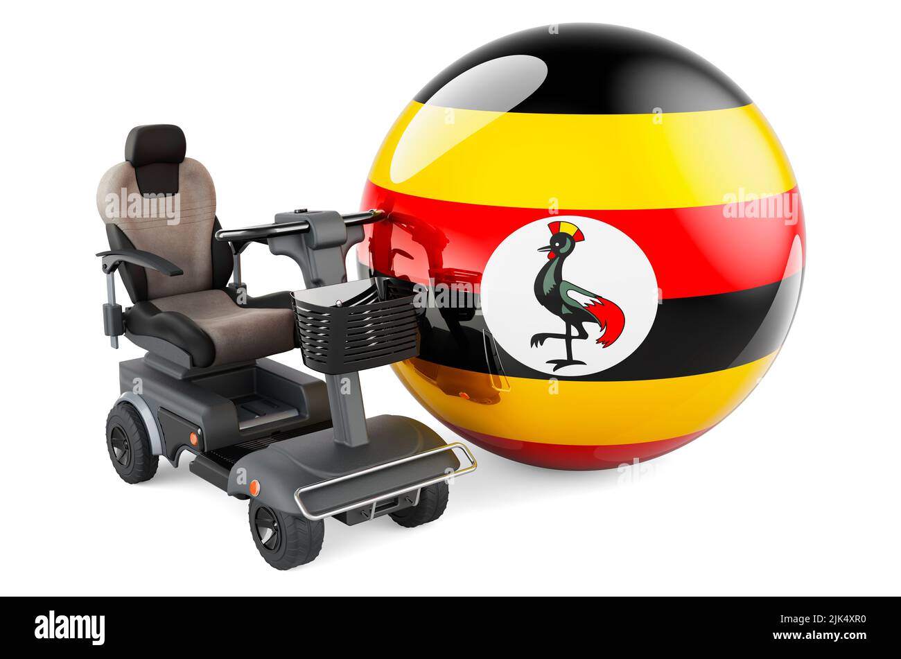 Drapeau ougandais avec chaise électrique intérieure ou fauteuil roulant électrique, 3D rendu isolé sur fond blanc Banque D'Images