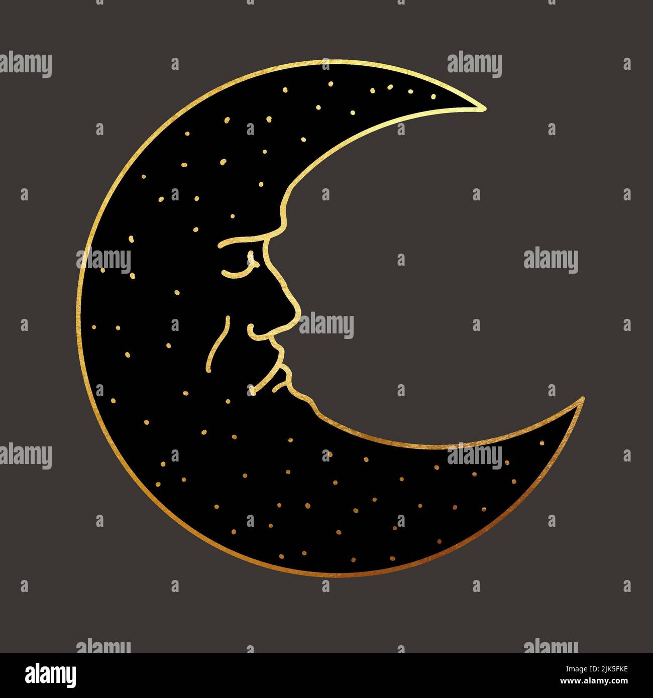 Illustration d'un croissant de lune. Carte de tarot lunaire. Illustration graphique avec lignes dorées sur fond sombre Banque D'Images