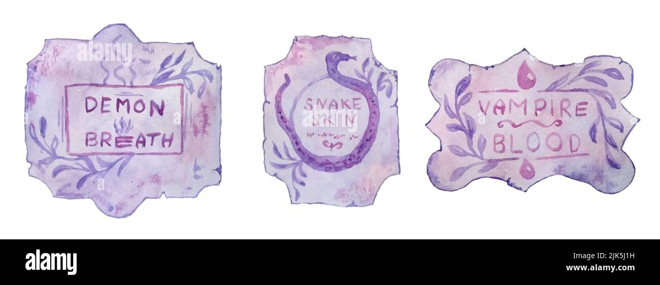 Aquarelle dessin à la main des étiquettes apothécaire de sorcière violette pour potions occulte brew, bouteille ésotérique sort. Horreur effrayante halloween clipart, magie herbes art Banque D'Images
