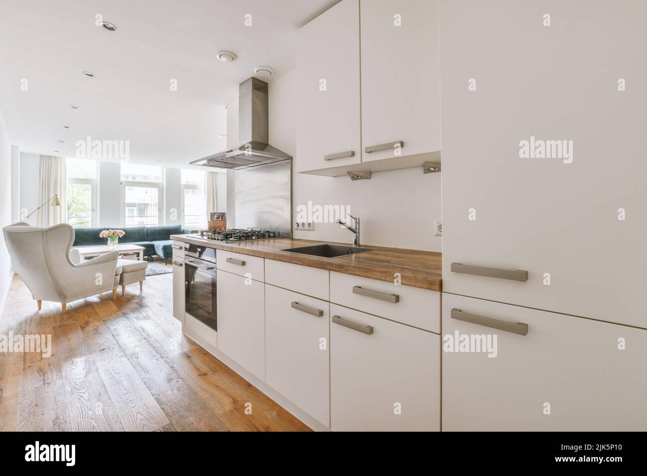 Décoration intérieure contemporaine minimaliste de ce studio lumineux avec table et chaises en bois dans la salle à manger entre la cuisine ouverte et le salon avec murs blancs et parquet Banque D'Images