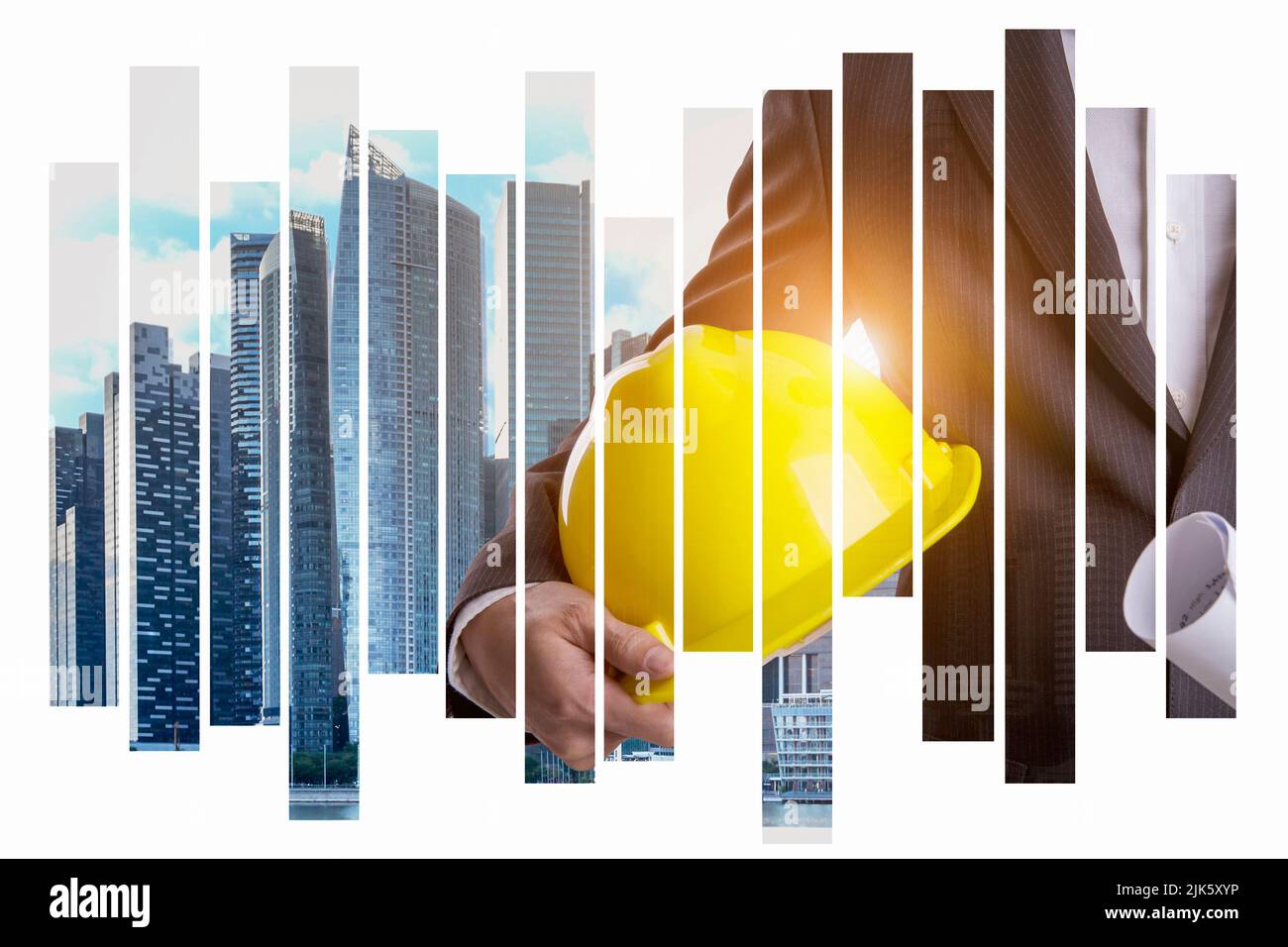 Homme d'affaires avec casque de sécurité et construction du nouveau La structure en acier du chantier est en construction sur Abstract Backgorund Banque D'Images