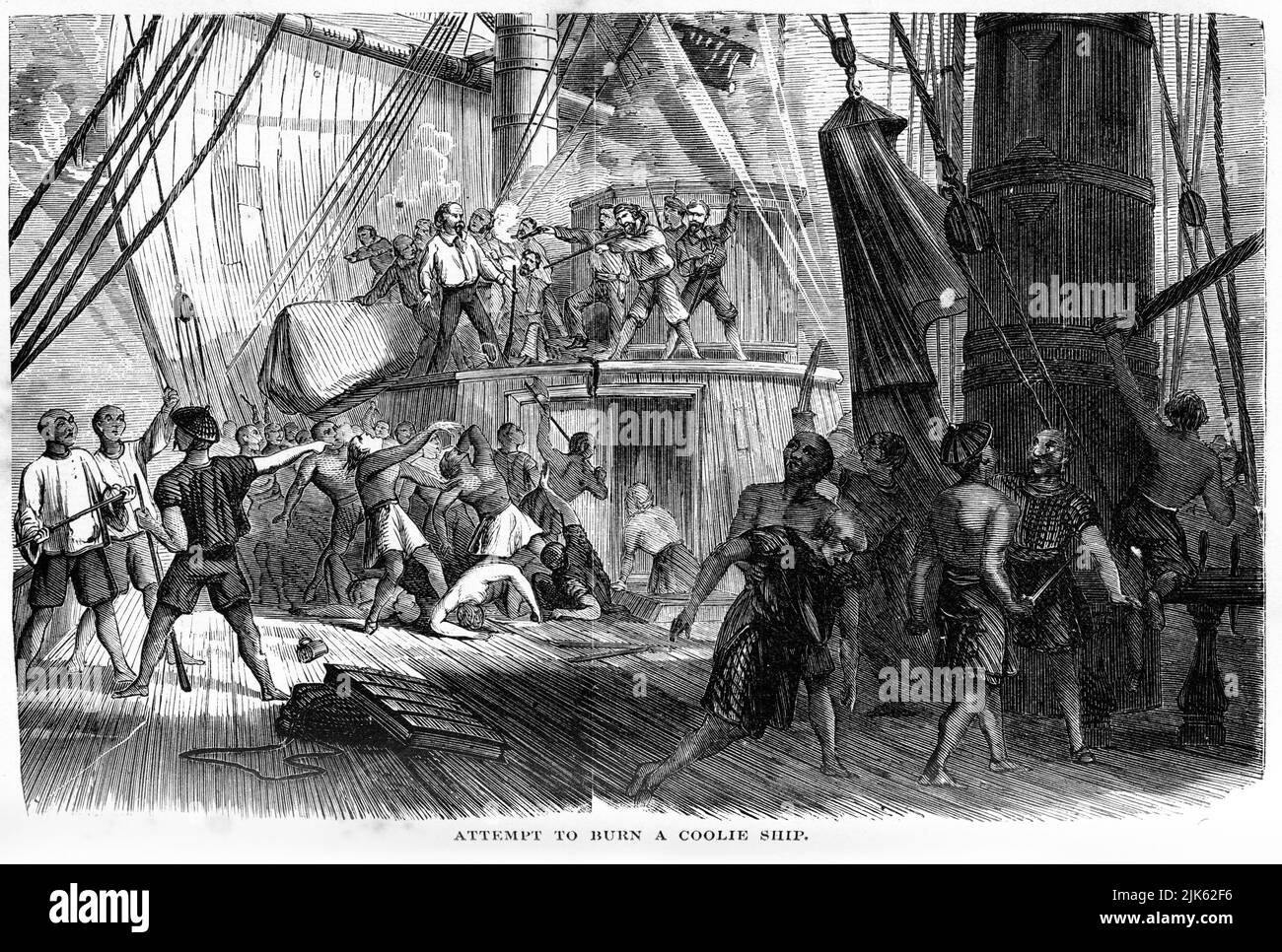 Gravure d'une tentative de brûlure d'un navire de refroidissement, 1877 Banque D'Images