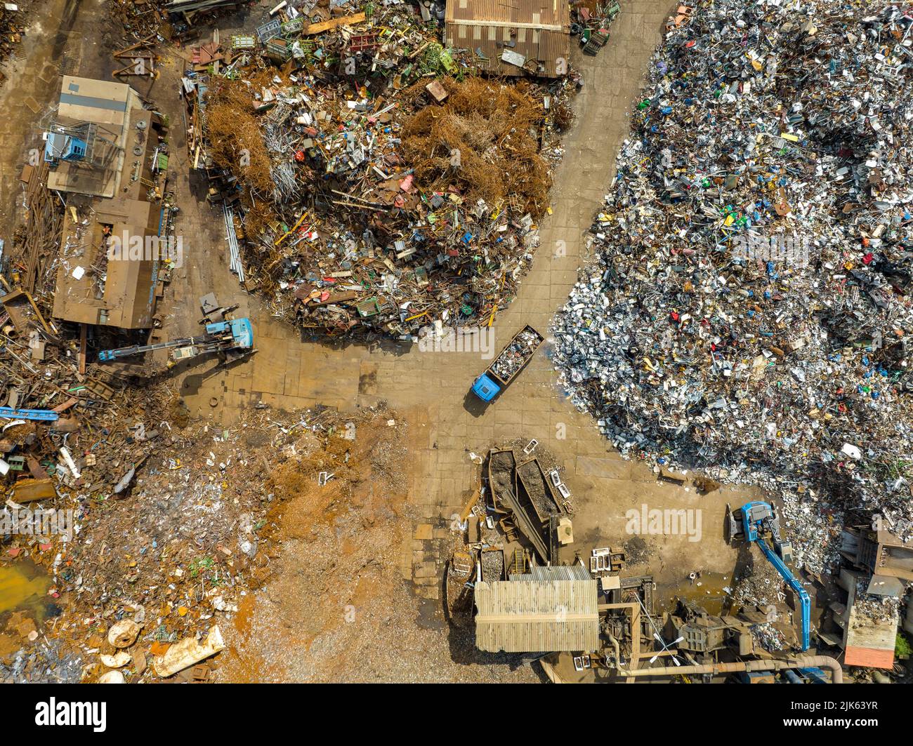 Recyclage des déchets métalliques. Vue aérienne du traitement des rebuts industriels. Arrière-plan de junkyard. Métal, aluminium, cuivre. Recyclage avec de l'équipement lourd. Banque D'Images