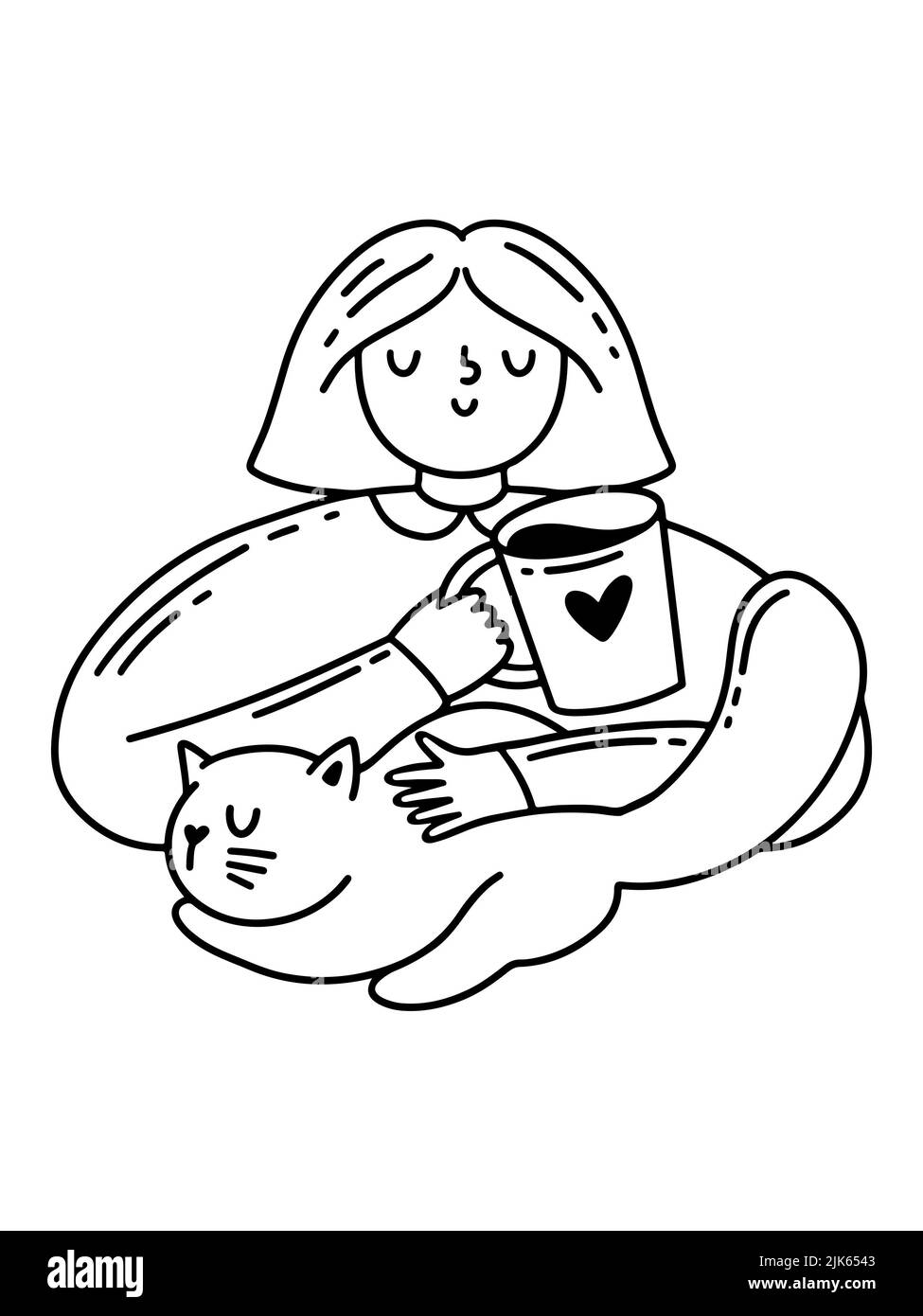 Boire une petite fille de café avec un chat endormi. Café, excellent design pour toutes les utilisations. Banque D'Images