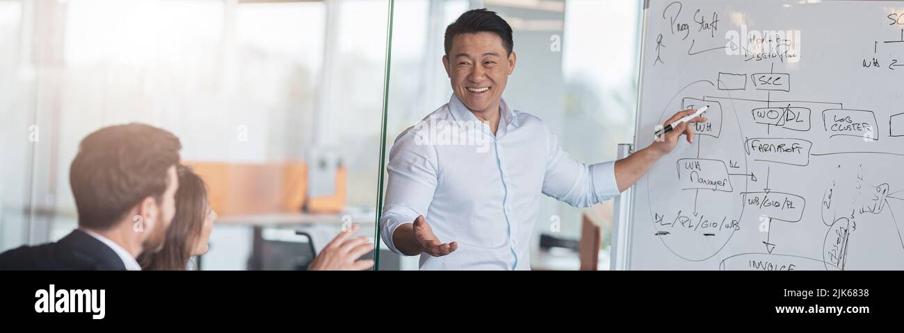 Un coach ou un conférencier asiatique mature fait une présentation du tableau de conférence à divers hommes d'affaires lors d'une réunion Banque D'Images