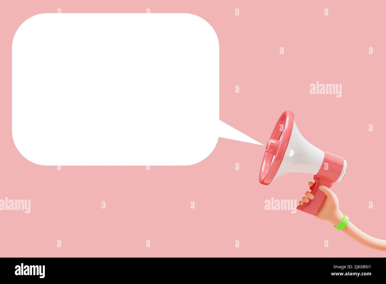 Main de dessin animé flexible tenant le mégaphone sur fond rose avec espace de copie. 3d illustration Banque D'Images
