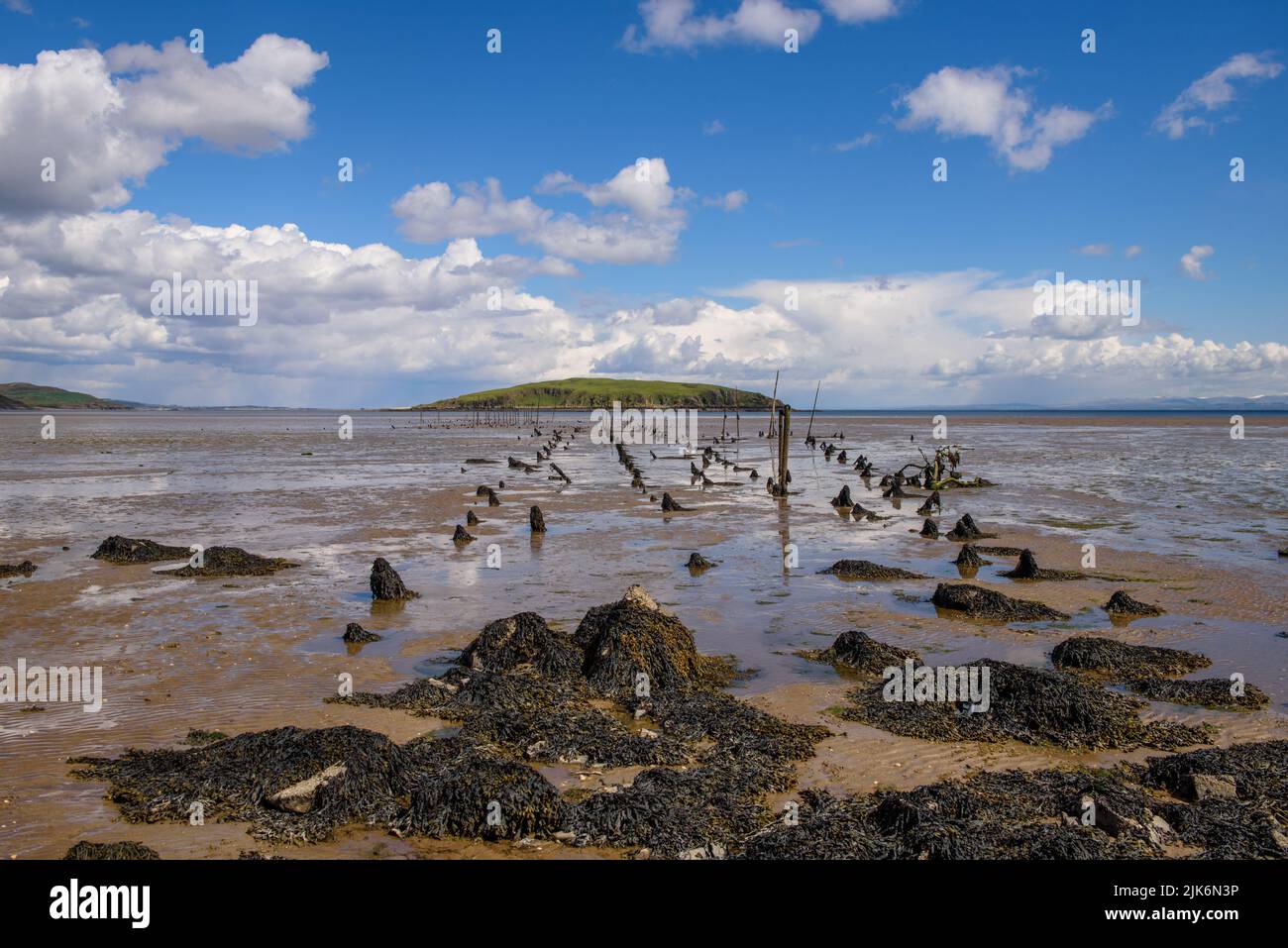 Restes de filets de pêche au saumon anciens dans la baie d'Auchencairn, près de Kirkcudbright, à Dumfries et Galloway Banque D'Images