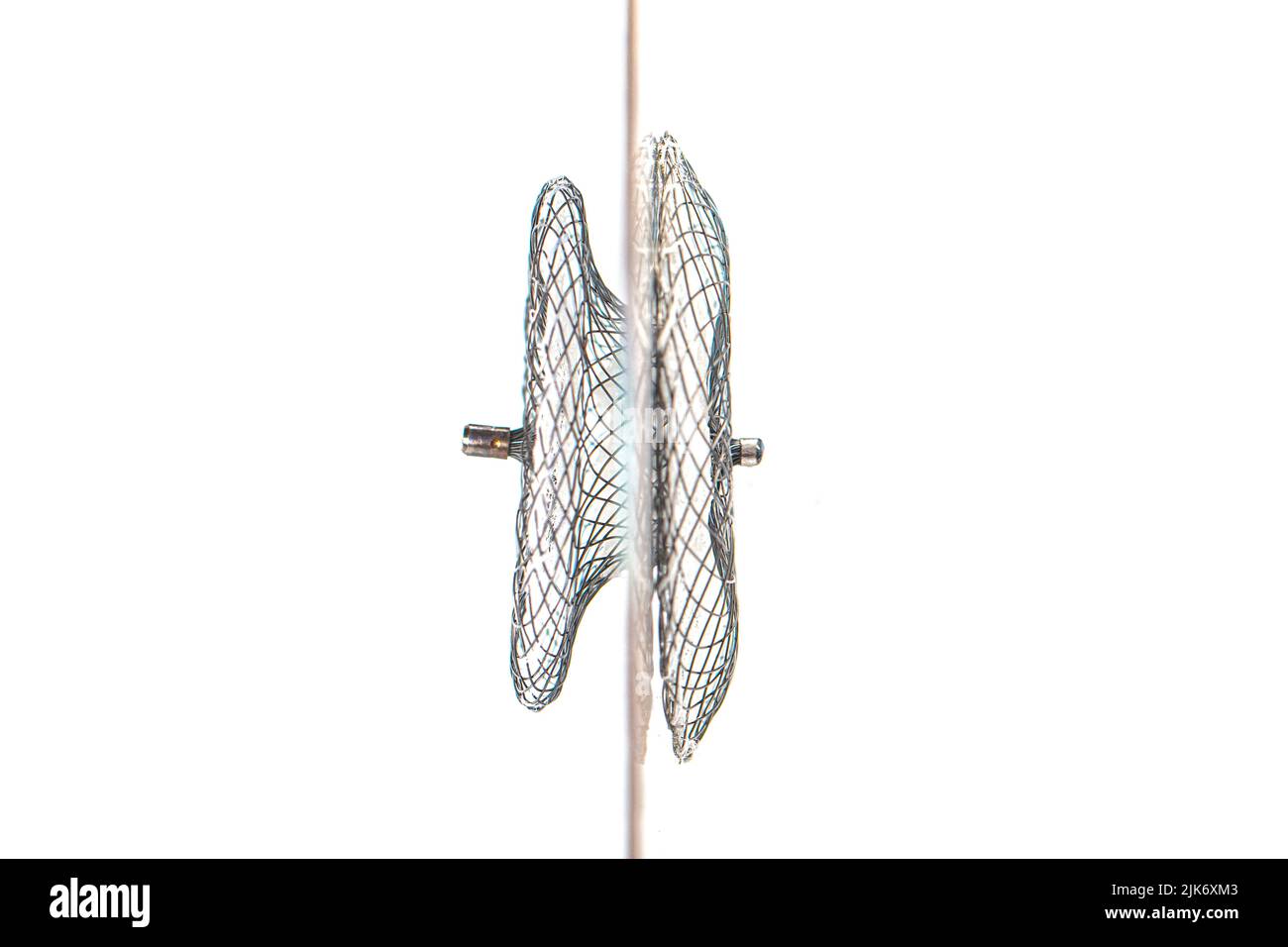 Défékt. Septal atrial. Dispositifs pour les procédures de cardiologie invasive. Dispositif de fermeture de la communication interauriculaire sur fond blanc. Banque D'Images