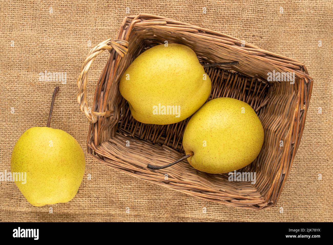 Trois poires jaunes douces dans un panier en toile de jute, gros plan, vue du dessus. Banque D'Images