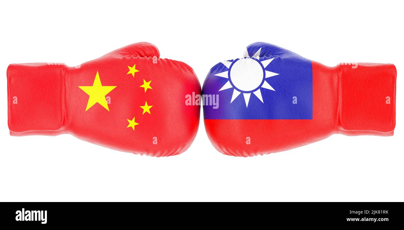 Gants de boxe avec drapeaux de Taïwan et de Chine. Le concept de conflit des gouvernements, 3D se trouvant isolé sur fond blanc Banque D'Images