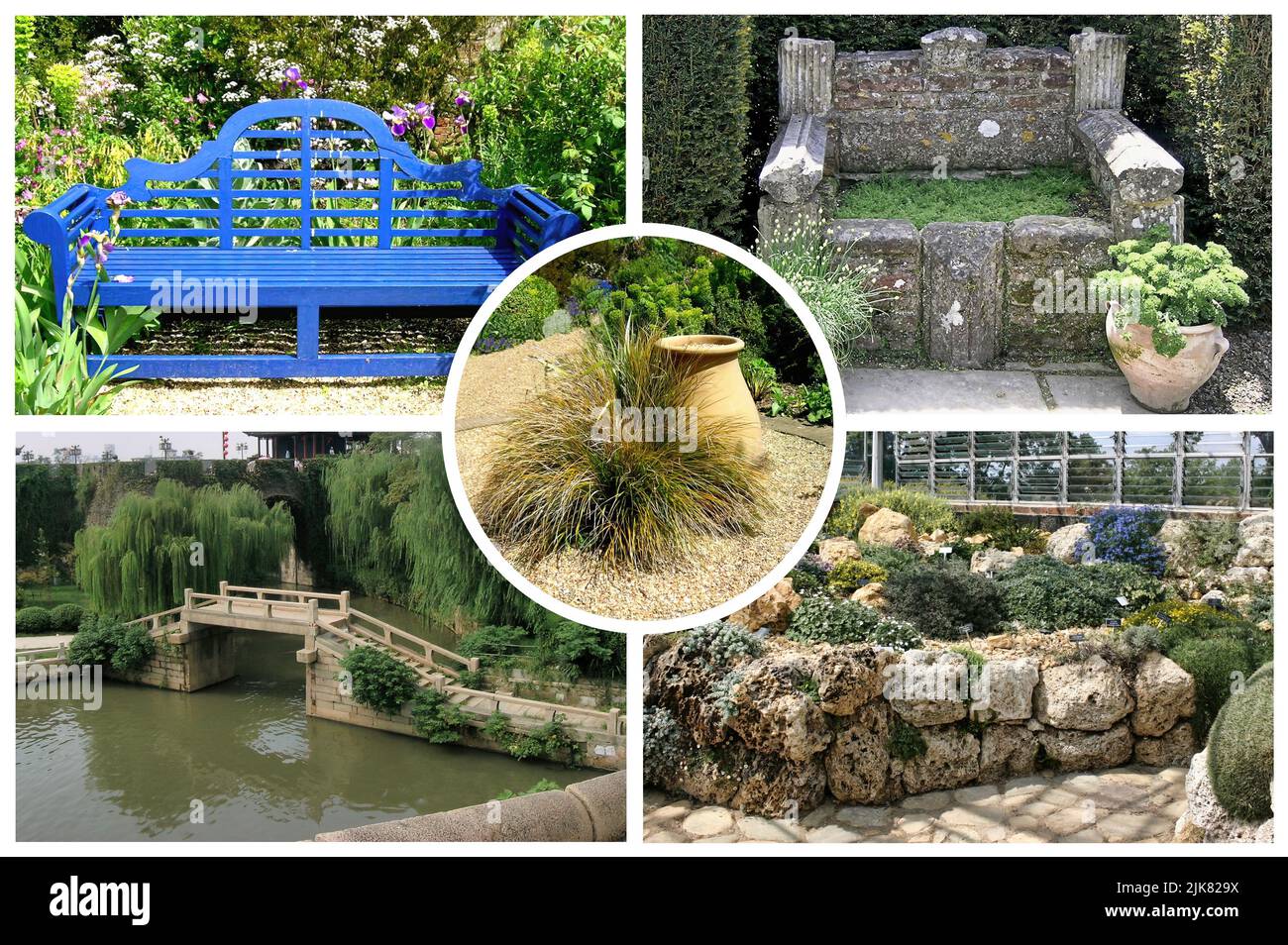 Le beau jardin Denmans avec des lits de rivière secs, des jardins en gravier, un jardin clos, un jardin d'hiver et des plantes inhabituelles. Banque D'Images