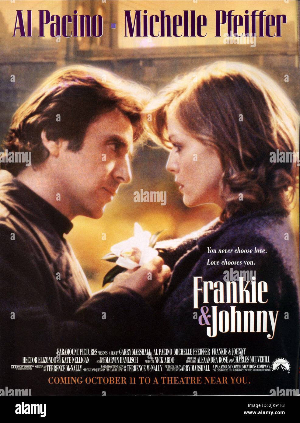 Affiche de film film Frankie et Johnny (1991) réalisateur : Garry Marshall 11 octobre 1991 **AVERTISSEMENT** cette photographie est destinée à un usage éditorial seulement et est protégée par les droits d'auteur de PARAMOUNT et/ou du photographe désigné par le film ou la société de production et ne peut être reproduite que par des publications dans le cadre de la promotion du film ci-dessus. Un crédit obligatoire à PARAMOUNT est requis. Le photographe doit également être crédité lorsqu'il est connu. Aucune utilisation commerciale ne peut être accordée sans autorisation écrite de The film Company. Banque D'Images