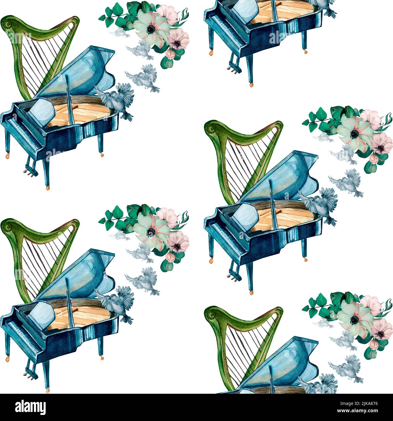 Grand piano, harpe et fleurs aquarelle motif sans couture sur blanc. Ancienne chaîne musicale instrumentc et couronne d'anémone peinte à la main. Design elem Banque D'Images