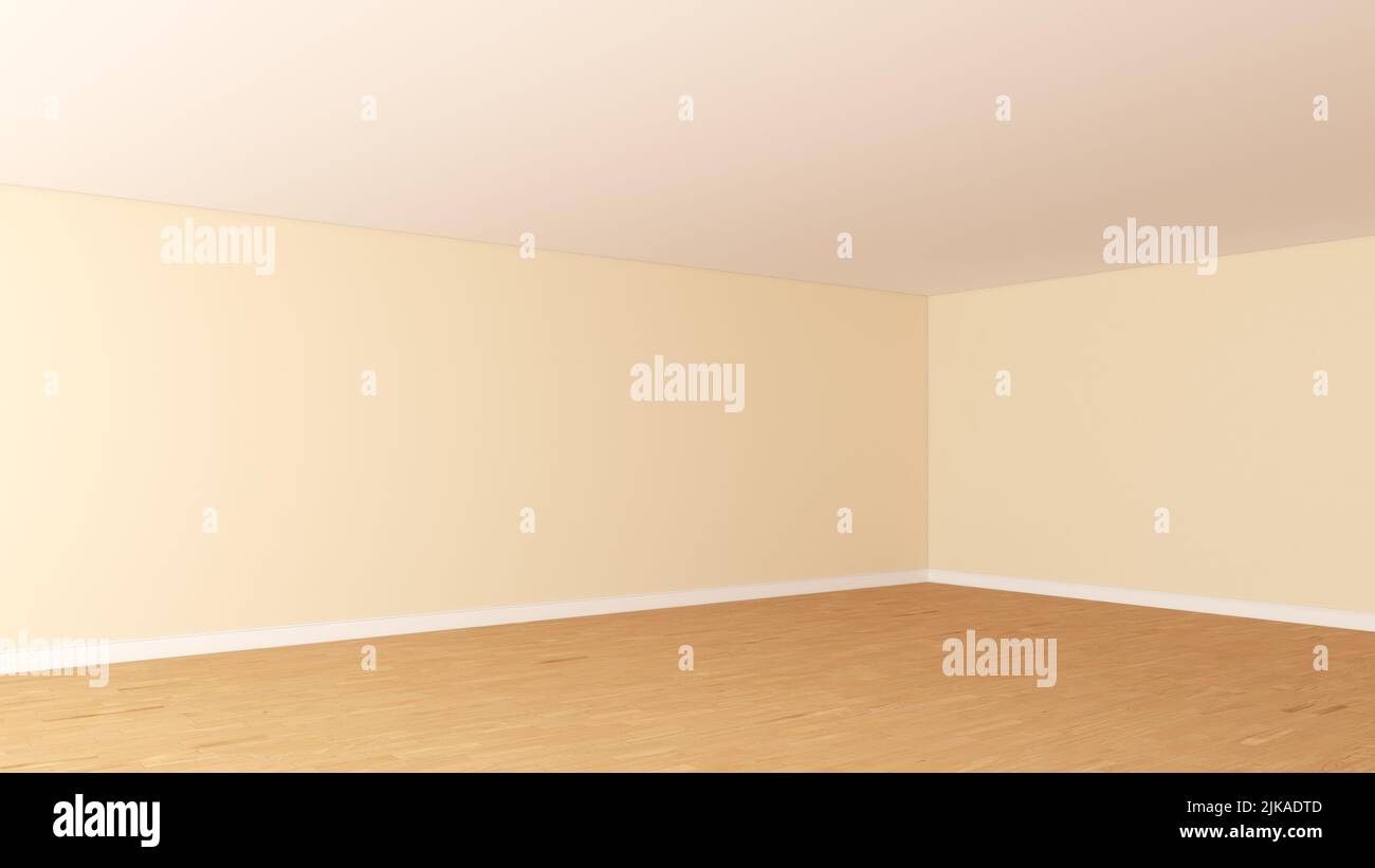 Coin intérieur vide avec murs beige clair, plafond blanc, parquet clair et un Plinth blanc. Concept de chambre vide non meublée. Vue en perspective. Rendu 3D, Ultra HD 8K, 7680x4320, 300 dpi Banque D'Images