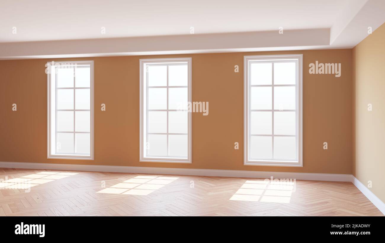 Concept intérieur ensoleillé avec murs beige, trois grandes fenêtres, parquet brillant à chevrons clair et un Plinth blanc. Belle chambre vide non meublée. Rendu 3D, Ultra HD 8K, 7680x4320, 300 dpi Banque D'Images