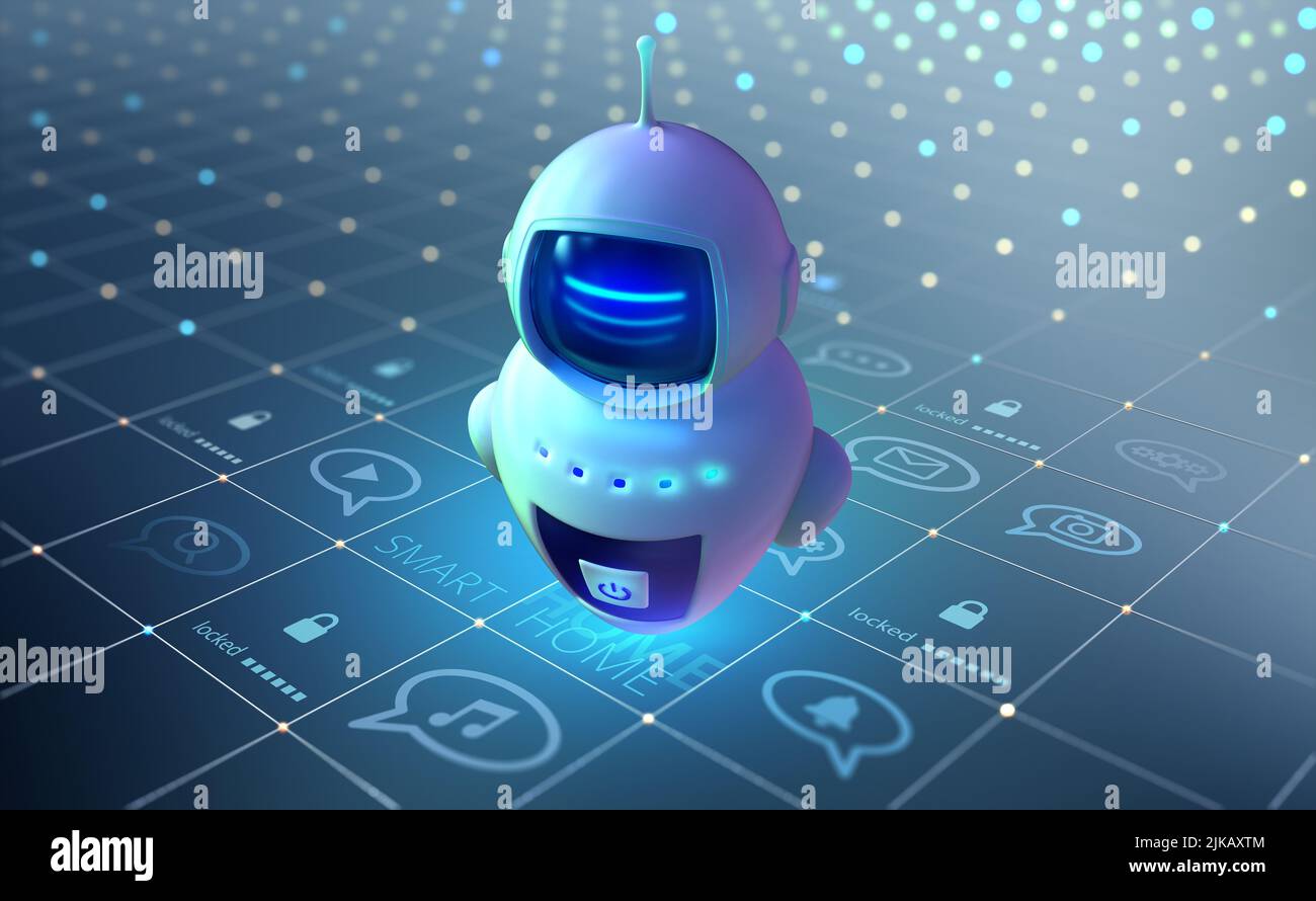 Chat Bot, assistant intelligent, maison intelligente, technologies Internet  et périphériques mobiles. 3D illustration d'un mini robot dans le  cyberespace des médias Photo Stock - Alamy