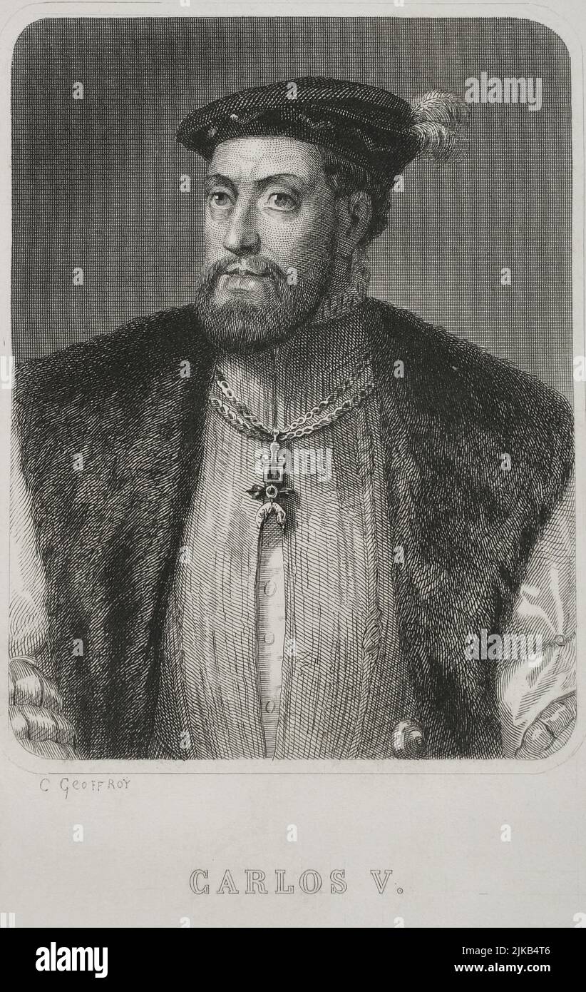 Charles V (1500-1558). Saint empereur romain et archiduc d'Autriche (1519-1556), roi d'Espagne (1516-1556) et seigneur des pays-Bas comme duc de Bourgogne (1506-1555). Portrait. Gravure par Geoffroy. 'Historia Universal', par César Cantú, Volume V. 1856. Auteur: Charles Geoffroy (1819-1882). Graveur français. Banque D'Images