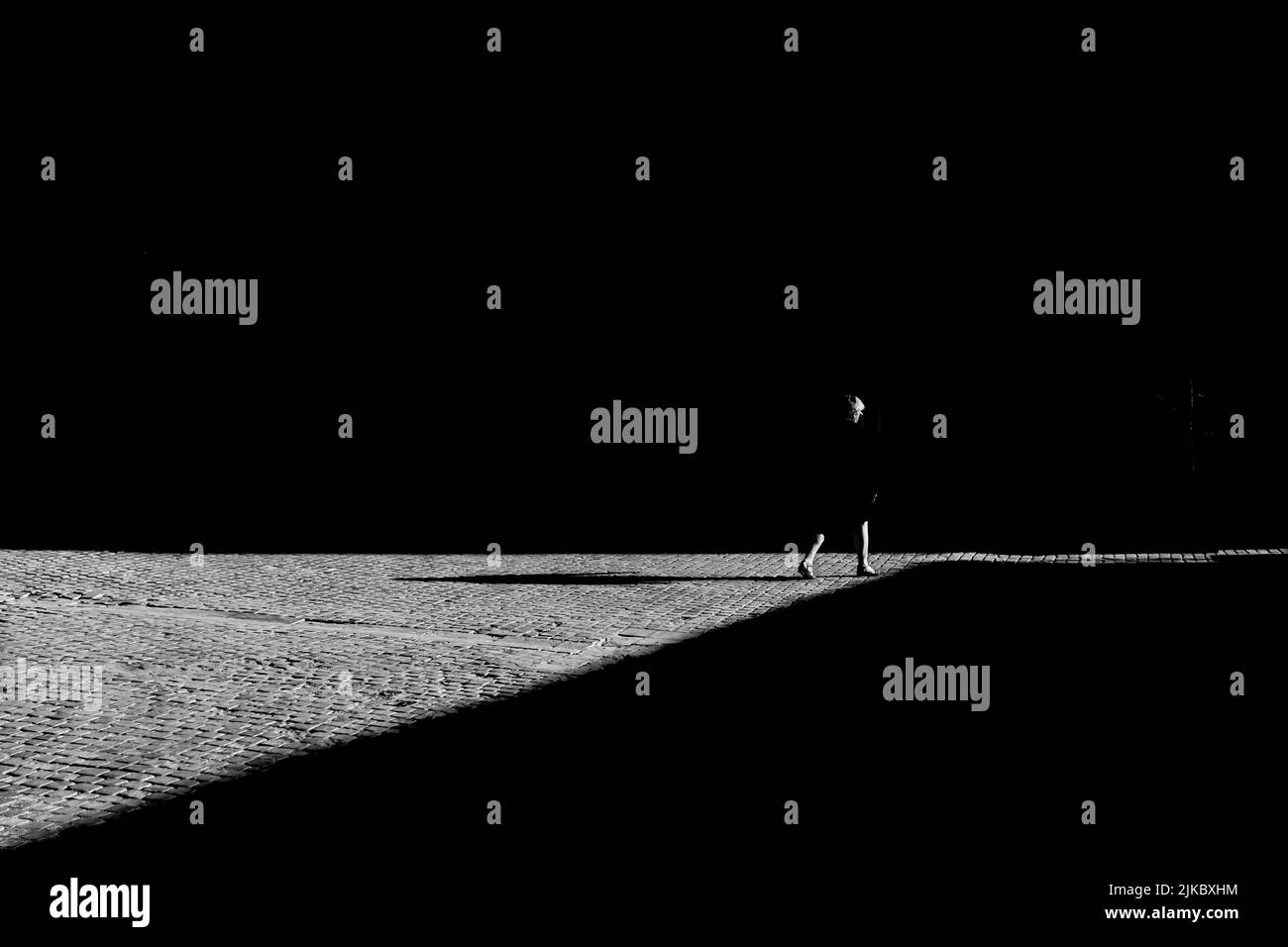 Échelle de gris d'une silhouette de femme marchant dans la rue avec une ombre sur les dalles Banque D'Images