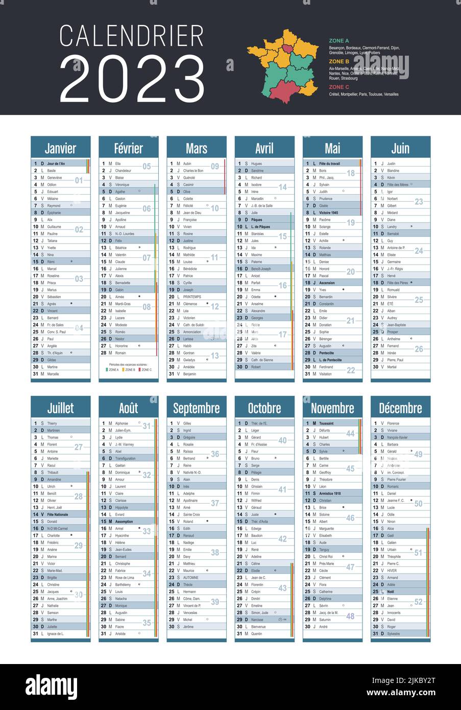 Calendrier de l'année 2023 en français, sur fond blanc. Modèle vectoriel Illustration de Vecteur
