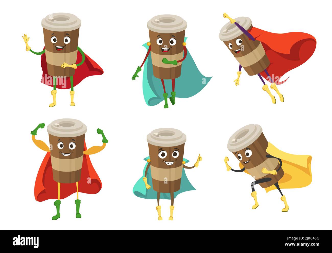 Mascotte de café à emporter dans un ensemble de vecteurs de cape super-héros. Collection Happy Cute Beverage emoticon. Illustration Cartoon drôle Drink personnage isolé vec Illustration de Vecteur