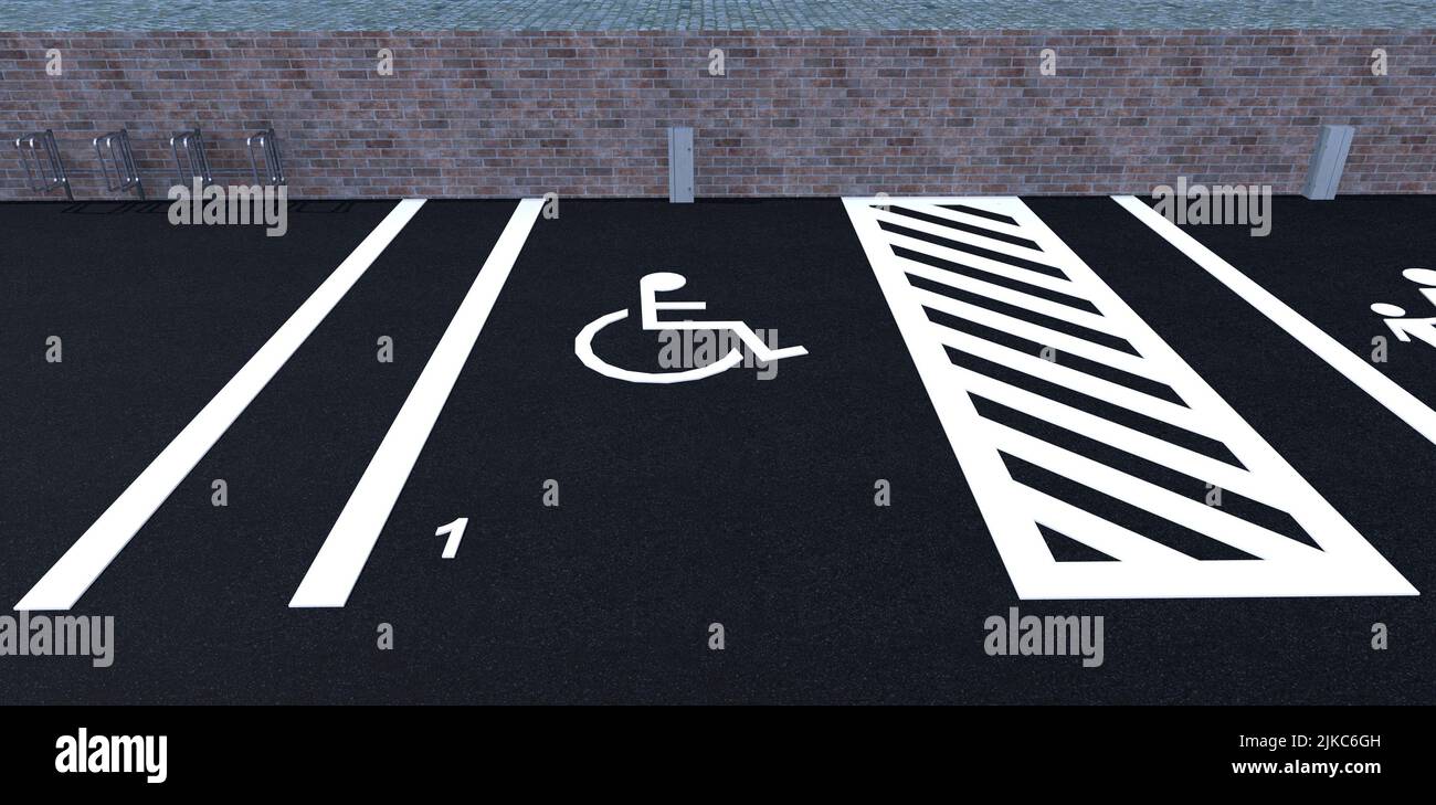 Marquage routier. Place pour les handicapés dans le parking. Pare-chocs en caoutchouc. Peinture blanche luminescente. 3d rendu. Banque D'Images