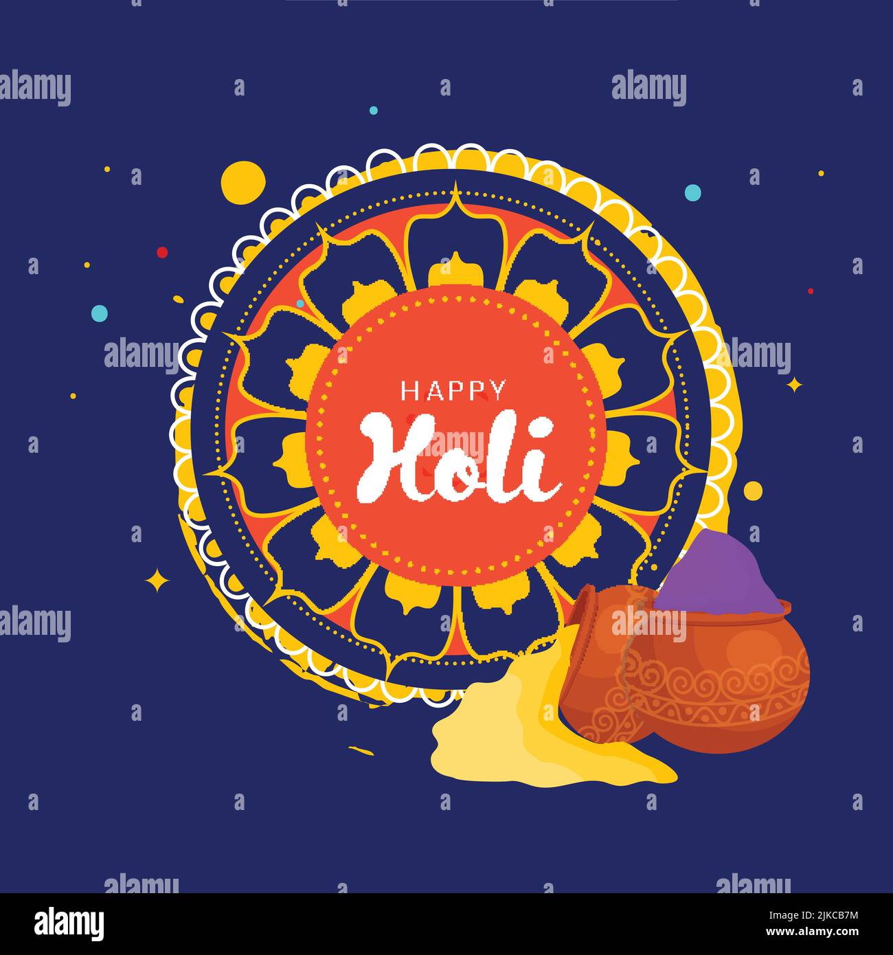 Happy Holi Celebration concept avec poudre (Gulal) dans des pots de boue sur le fond bleu Rangoli ou Mandala. Illustration de Vecteur