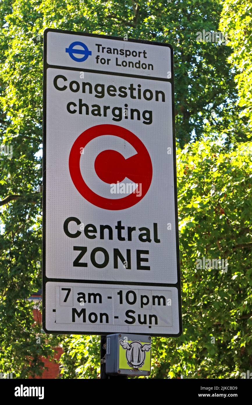 Panneau, transport pour Londres, congestion Charging zone, Londres, Angleterre, Royaume-Uni, 7am - 10pm LUN-Sun Banque D'Images