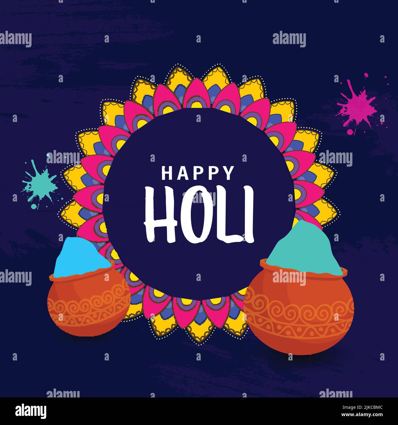 Happy Holi font sur Mandala cadre avec pots de boue plein de poudre (Gulal) et couleur effet Splash sur fond bleu. Illustration de Vecteur