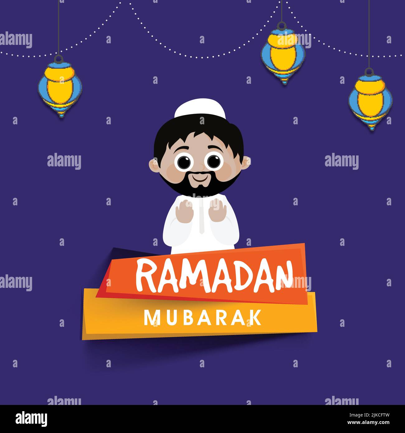 Ramadan Mubarak font avec l'homme musulman prier (Namaz) et lanternes Hang  sur fond violet Image Vectorielle Stock - Alamy