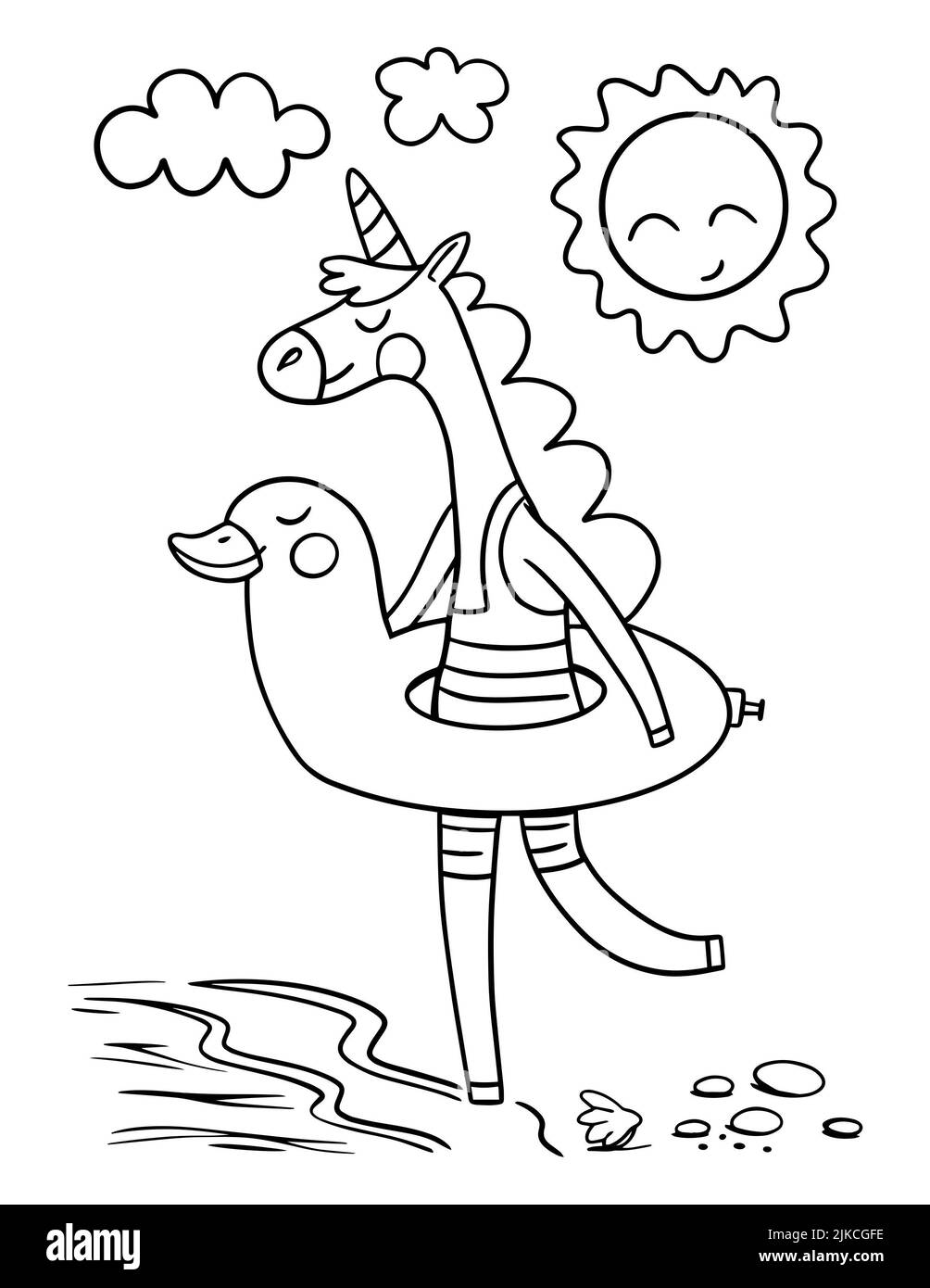 Page de coloriage de caricature unicorn pour enfants et adultes. Illustration du contour de la mer. Banque D'Images